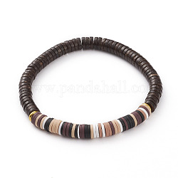 Bracelets extensibles de perles heishi en argile polymère, avec des perles de noix de coco naturelles et des perles en laiton doré, disque / plat rond, brun coco, diamètre intérieur: 2-1/4 pouce (5.6 cm)