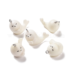 Opaque Resin Pendants, with Platinum Tone Iron Loops, Sea Lion Charm, White, 20.5x25x14mm, Hole: 2mm