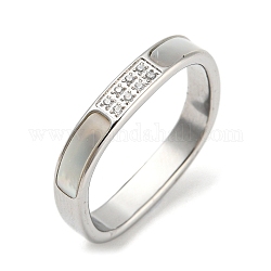 304 anello da dito rettangolare in acciaio inossidabile, con conchiglia bianca e zirconi, colore acciaio inossidabile, diametro interno: 17mm