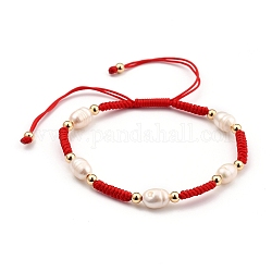 Verstellbarer Nylonfaden geflochtene Perlen Armbänder, rote Schnurarmbänder, mit natürlichen kultivierten Süßwasserperlen und Messingperlen, echtes 18k vergoldet, rot, Innendurchmesser: 6~9cm (2-3/8~3-1/2 Zoll)