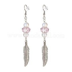 Feather with Round Beads Long Dangle Earrings for Girl Women, Antique Silver, Pink, 95.5mm, Pin: 0.7mm