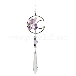 K9 Crystal Glass Big Pendant Decorations, Hanging Sun Catchers, with Amethyst Chip Beads, Moon with Tree of Life, Indigo, 410mm