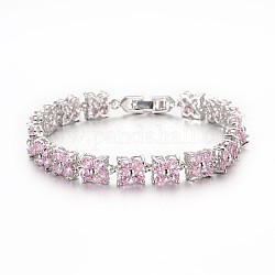 Idées cadeaux nobles pour dame en laiton plaqué platine micro pavé de zircone cubique cz fleur lien chaîne bracelets, avec des fermoirs de bande de montre, perle rose, 170x7x5mm