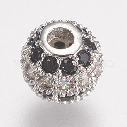 Brass Micro Pave Cubic Zirconia Beads, Round, Black, Platinum, 6mm, Hole: 1.5mm