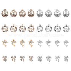 Superfindings 32 pièces 8 pendentifs en alliage de cristal de style, nœud papillon & dauphin & plat rond avec papillon, platine et d'or, 19.5~25.5x15~18x2.6~3mm, Trou: 1.8~2mm, 4 pièces / style