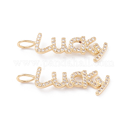 Brass Micro Pave Clear Cubic Zirconia Pendants, Long-Lasting Plated, Word Lucky, Real 18K Gold Plated, 30x8x1.6mm, Hole: 3x4mm