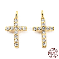 925 Sterling Silver Micro Pave Cubic Zirconia Charms, Cross, Real 18K Gold Plated, 10.5x6x3mm, Hole: 1.2mm