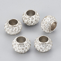 Perline di strass in argilla polimerica a mano, perline con foro grande, rondelle, platino, cirstallo, 13x9mm, Foro: 6.5 mm