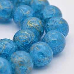 Golden Drawbench Crackle Glass Round Bead Strands, DeepSky Blue, 12mm, Hole: 1mm, about 37pcs/strand, 15.74inch