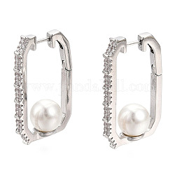 Clear Cubic Zirconia Rectangle with Plastic Pearl Hoop Earrings, Brass Jewelry for Women, Nickel Free, Real Platinum Plated, 28x16.5x2.5mm, Pin: 0.9mm