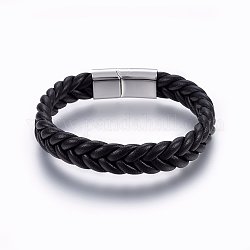 Bracelets en cuir tressé, fermoir magnétique en 304 acier inoxydable, rectangle, noir, 8-5/8 pouce (22 cm), 13x6mm