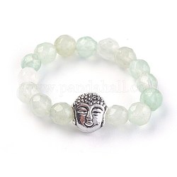 Natural Green Aventurine Stretch Rings, with Alloy Buddha Beads, Faceted, Round, Antique Silver, Size 8, 18mm
