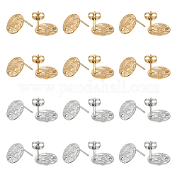 Unicraftale 60Pcs 2 Colors 304 Stainless Steel Stud Earring Findings, with Hole & Friction Earring Nut, Textured Flat Round, Golden & Stainless Steel Color, 12x1mm, Hole: 1.4mm, Pin: 0.7mm, 30Pcs/color