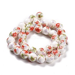 Chapelets de perles en céramique imprimées de fleurs manuelles, ronde, rouge, 10mm, Trou: 2mm, Environ 35 pcs/chapelet, 13.5 pouce