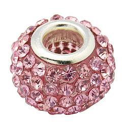 Perles de strass en résine , avec noyaux double de couleur argente en alliage , Grade a, rondelle, rose clair, 10x7mm, Trou: 2.5mm