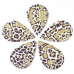Grandi ciondoli in pelle, lacrima, motivo stampa leopardo, kaki scuro, 55x36x1.5mm, Foro: 1.5 mm