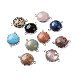 Natural & Synthetic Mixed Gemstone Connector Charms, Half Round Links, with Stainless Steel Color Tone 304 Stainless Steel Findings, 22x30x7mm, Hole: 2mm