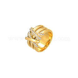 Golden Stainless Steel Rhinestone Wide Band Rings, Crystal, US Size 7(17.3mm)