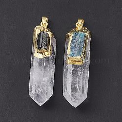 Natural Quartz Crystal Pointed Big Pendants, Natural Mixed Stone Faceted Bullet Charms, with Rack Plating Gloden Brass Tone Findings, Cadmium Free & Lead Free, 63x20.5x18mm, Hole: 7.5x4.5mm