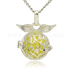 Silver Color Plated Brass Hollow Round Cage Pendants, with No Hole Spray Painted Brass Ball Beads, Champagne Yellow, 26x26x19mm, Hole: 3x8mm