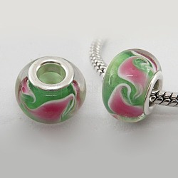 Rondelle Green Tone Large Hole Handmade Lampwork European Beads, with Silver Color Brass Core, about 14~15mm in diameter, 9~10mm thick, hole: 5mm