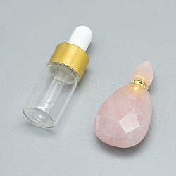 Pendentifs de bouteille de parfum à quartz rose naturel facetté, avec des accessoires en laiton et des bouteilles d'huile essentielle en verre, 40~43x21~23x12~13mm, Trou: 0.8mm, capacité de la bouteille en verre : 3 ml (0.101 fl. oz), capacité de pierres précieuses: 1 ml (0.03 fl. oz)