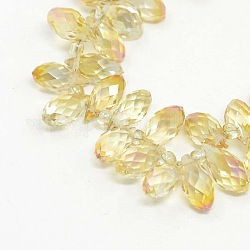 Electroplate Glass Faceted Teardrop Beads Strands, Top Drilled Beads, AB Color Plated, Yellow, 11.5~13x6mm, Hole: 1mm, about 92~95pcs/strand, 16.5 inch