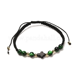Bracelet de perles tressées en turquoise synthétique (teinte), croix, pour hommes et femmes, bracelet ajustable avec oeil de tigre naturel, vert foncé, diamètre intérieur: 2-1/8~3-1/2 pouce (5.3~8.9 cm)