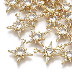 Brass Cubic Zirconia Pendants, Nickel Free, Star, Clear, Real 18K Gold Plated, 16x13.5x2.5mm, Hole: 1.2mm