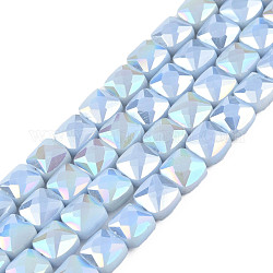 Electroplate Opaque Solid Color Glass Beads Strands, AB Color Plated, Faceted, Square, Light Sky Blue, 6.5x6.5x4.5mm, Hole: 1.2mm, about 97~99Pcs/strand, 25 inch(63.5cm)