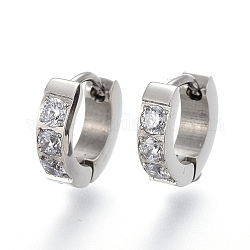 304 Stainless Steel Huggie Hoop Earrings, with Clear Cubic Zirconia, Ring, Stainless Steel Color, 10x11x3mm, Pin: 1.2mm