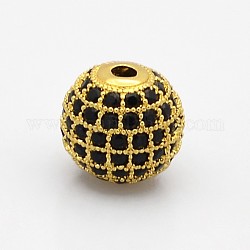 CZ Brass Micro Pave Grade AAA Black Color Cubic Zirconia Round Beads, Cadmium Free & Nickel Free & Lead Free, Golden, 6mm, Hole: 1.5mm