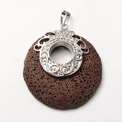 Platinum Plated Alloy Synthetic Lava Rock Flat Round Pendants, Dyed, Coconut Brown, 48x40x10mm, Hole: 7x4mm