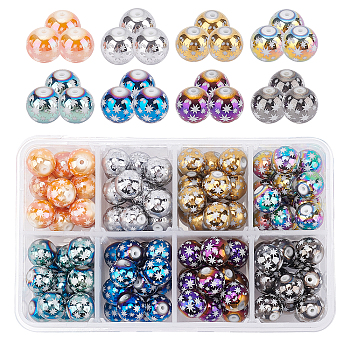 Superfindings 104~120pcs 8 couleurs 10mm noël galvanoplastie perles de verre rondes avec motif d'étoile bricolage perles lisses en vrac pour bracelet collier boucles d'oreilles fabrication de bijoux