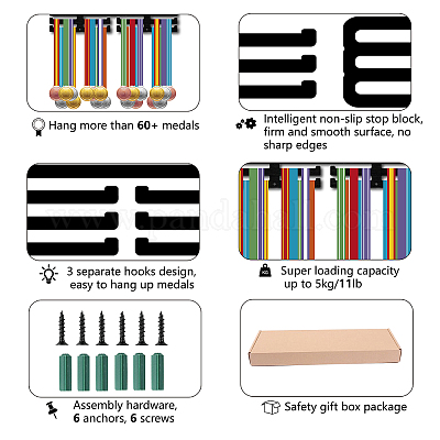 DSVENROLY Porta medaglie, espositore per trofei, robusto, in legno, con 25  ganci in acciaio, montaggio a parete, per medaglie da corsa, trofei, facile  da installare (1 pezzo, bianco) : : Sport e