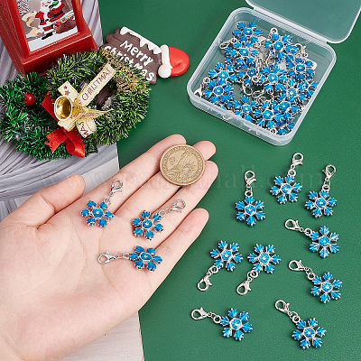 SUNNYCLUE 1 Box 30pcs Christmas Snowflake Charms Bulk Clip on Bracelet Blue Snowflakes Charm for Jewelry Making Lobster Claw Clasp