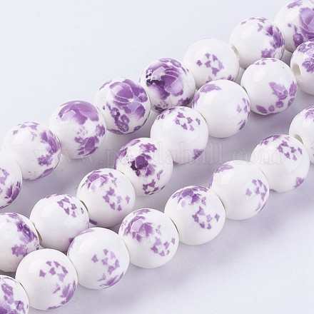 Chapelets de perles en céramique imprimées de fleurs manuelles PORC-J006-B01-1