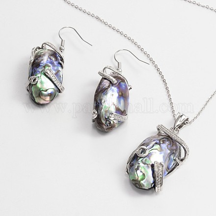 Oval Natural Paua Shell Pendants & Earrings Jewelry Sets SJEW-P066-03-1