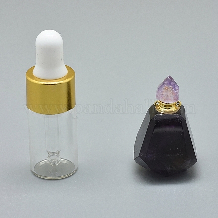 多面的な天然アメジスト開閉可能な香水瓶ペンダント  真鍮のパーツとガラスのエッセンシャルオイルのボトル  33~37x18~22mm  穴：0.8mm  ガラス瓶容量：3ml（0.101液量オンス）  宝石の容量：1ml（0.03液量オンス） G-E556-11E-1