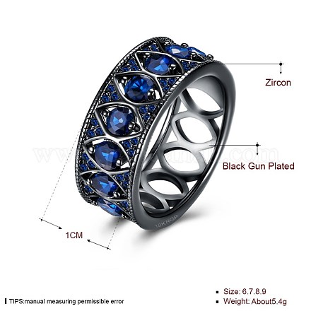 トレンドの真鍮製キュービックジルコニア指輪  ワイドバンドリング  サイズ6  ブルー  ガンメタ色  16.5mm RJEW-BB26974-C-6-1