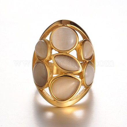 黄金のトーンのシックな女性の316ステンレス鋼製の猫の目広帯域指輪  淡い茶色  16mm RJEW-J066-68-16mm-1