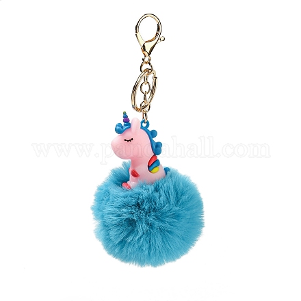 Cute Unicorn PVC & Imitate Rex Rabbit Fur Ball Keychain KEYC-C005-03B-1