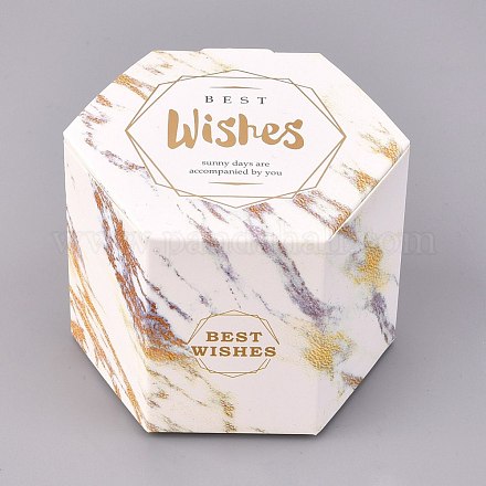 六角形のお菓子の包装箱  結婚披露宴のギフト用の箱  ボックス  単語の願い模様を持つ大理石の静脈  ホワイト  7.1x8.2x6.3cm  展開：22.9x12.25x0.08cm CON-F011-04E-1