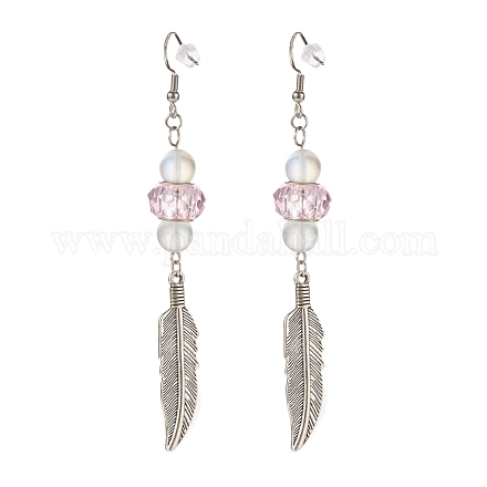 Feder mit runden Perlen lange baumelnde Ohrringe für Mädchenfrauen EJEW-JE04681-03-1