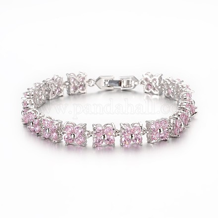Noble Gift Ideas for Lady Platinum Plated Brass Micro Pave Cubic Zirconia CZ Flower Link Chain Bracelets BJEW-L472-03-1