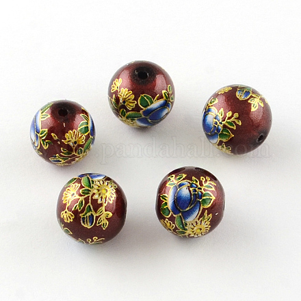 Rose Flower Pattern Printed Round Glass Beads GFB-R005-12mm-D05-1