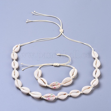 Collana di perline regolabili conchiglia e set di gioielli bracciali SJEW-JS01019-04-1