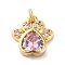 Rack Plating Brass Pave Cubic Zirconia Charms, with Glass & Jump Ring, Lead Free & Cadmium Free, Real 18K Gold Plated, Long-Lasting Plated, Cat's Paw Print Charm, Pearl Pink, 14x13x4mm, Hole: 3.4mm