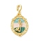 Brass Pendants, with Enamel, Oval with Flower Charm, Real 18K Gold Plated, Medium Turquoise, 31x21.5x7mm, Hole: 5x3.5mm