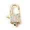 Brass Clear Cubic Zirconia Lobster Claw Clasps, Square, Real 18K Gold Plated, 18.5x11.5x5.5mm, Hole: 3x2mm